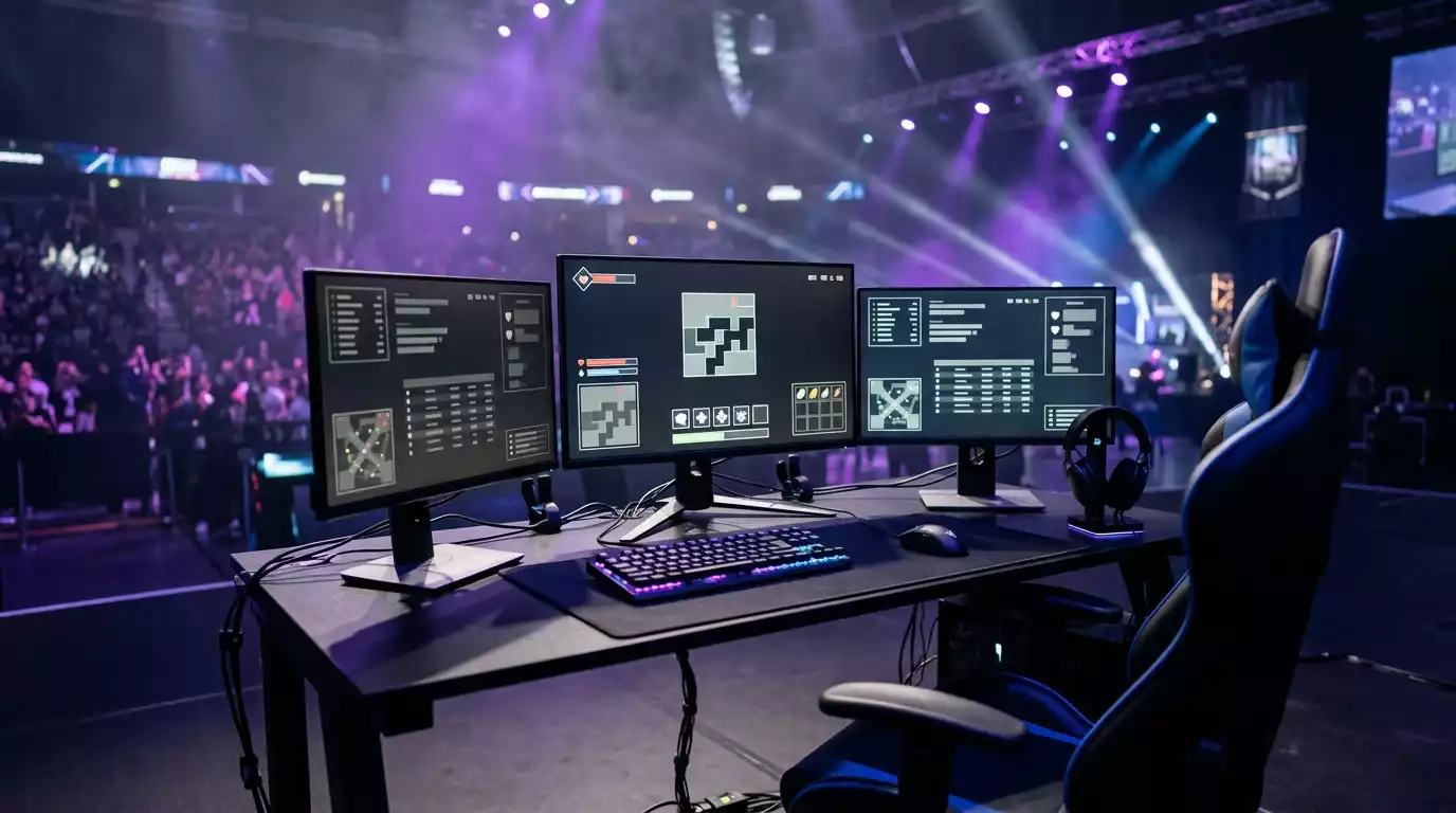 Jogadores profissionais de eSports em competição com ecrãs de jogo e audiência