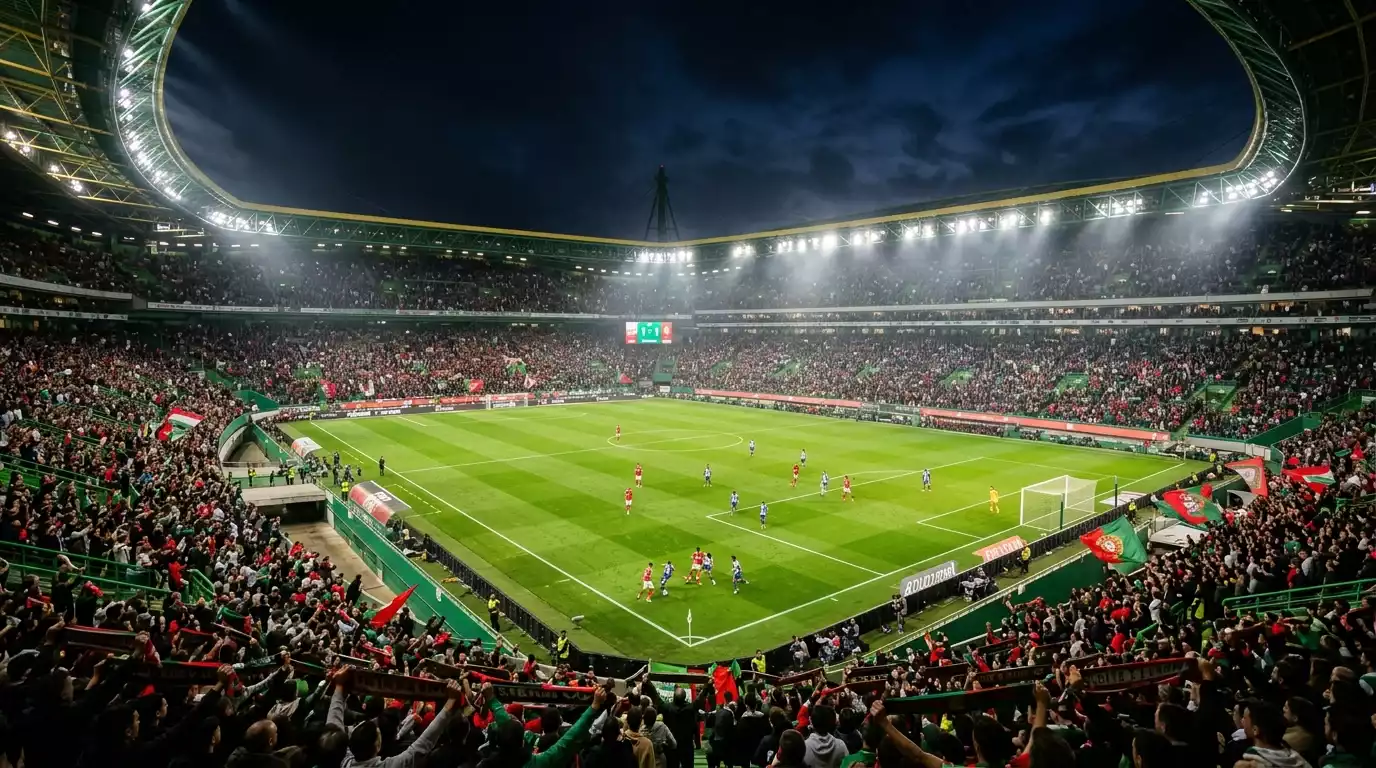 Estádio português durante jogo da Primeira Liga com adeptos nas bancadas