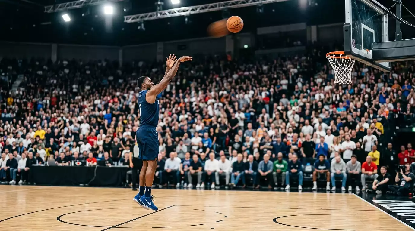Jogador de basquetebol a fazer lançamento durante jogo da NBA