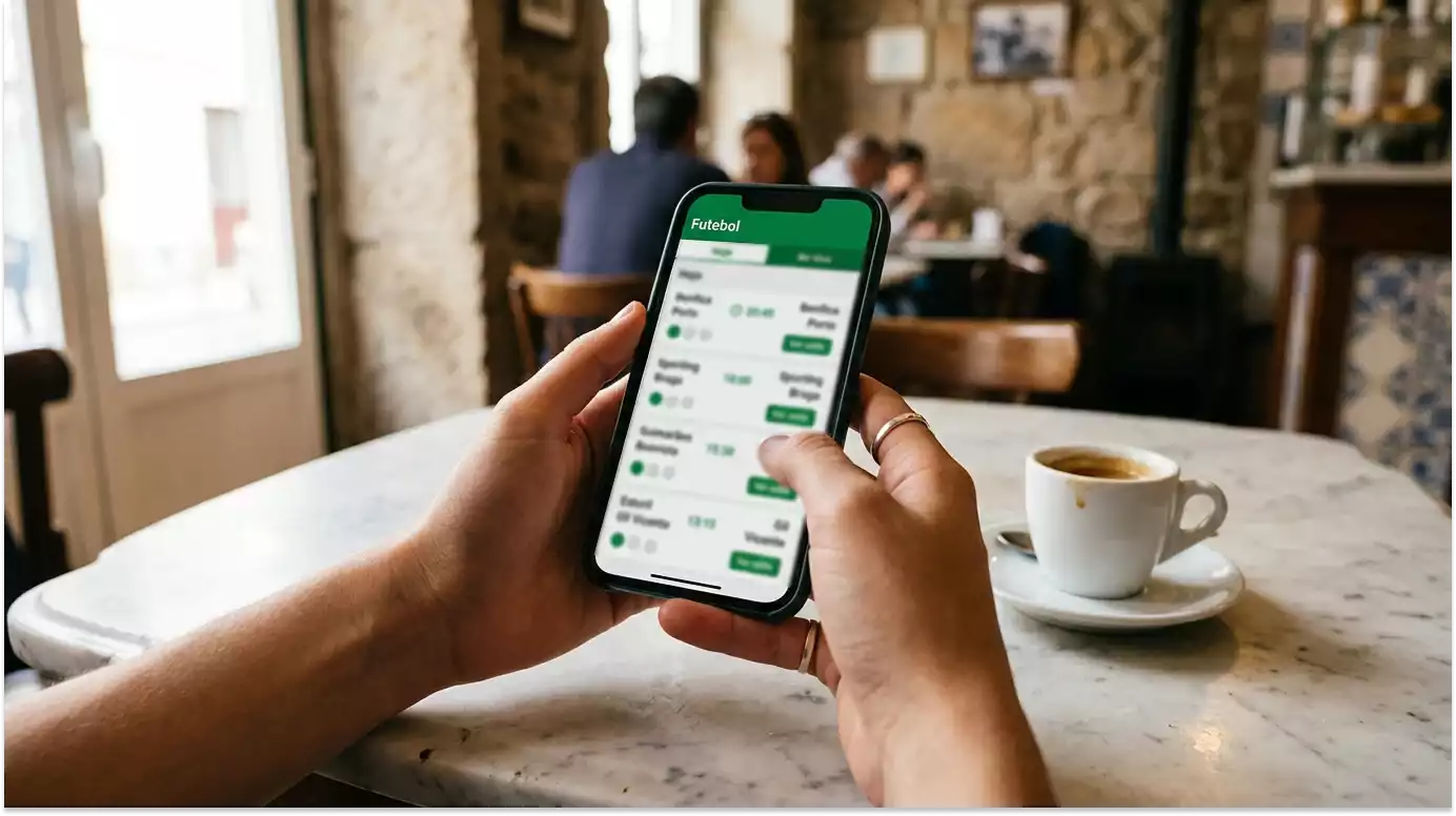 Apostador a utilizar aplicação móvel de apostas desportivas num smartphone