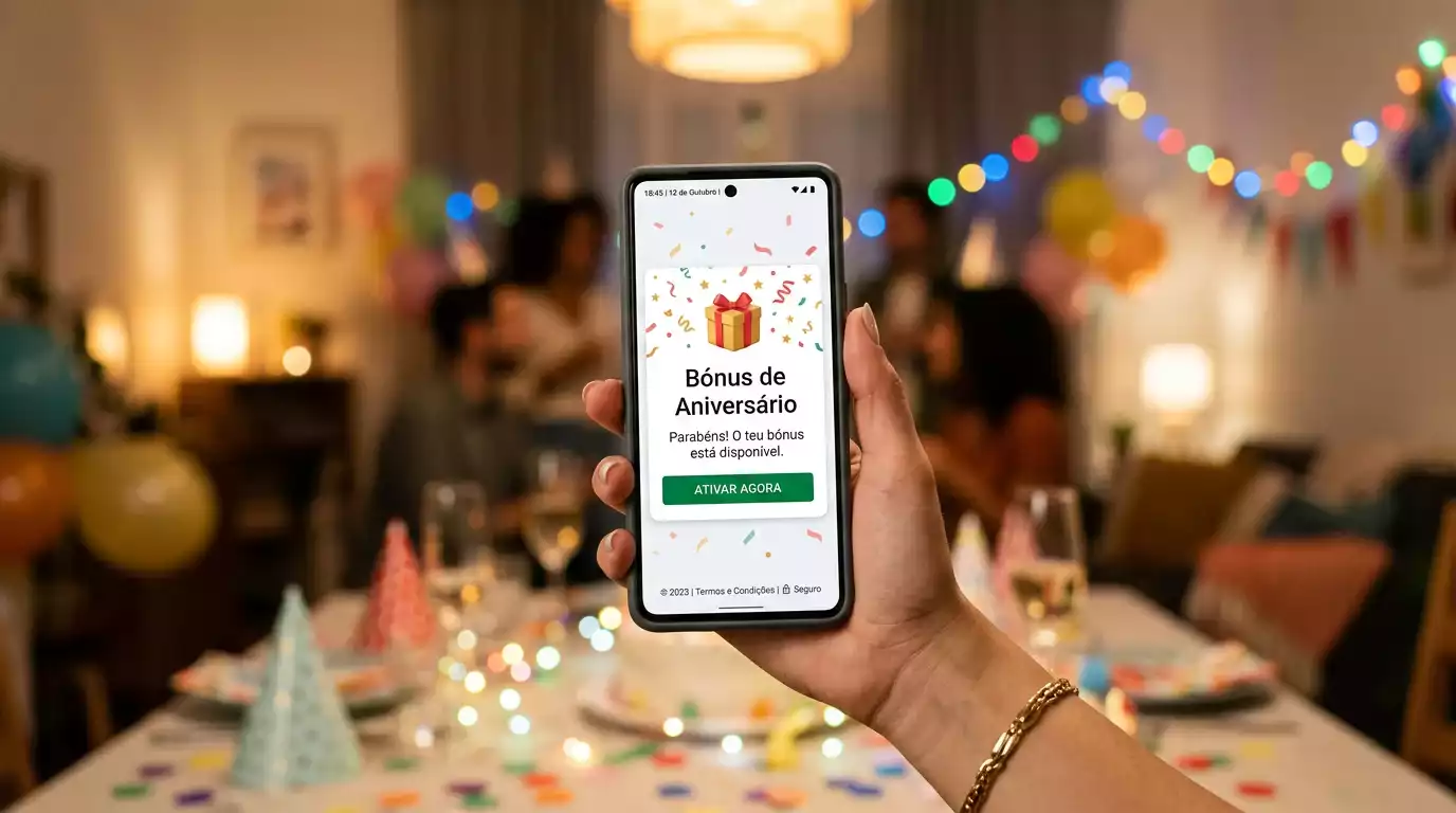 Notificação de bónus de aniversário num telemóvel com confetes