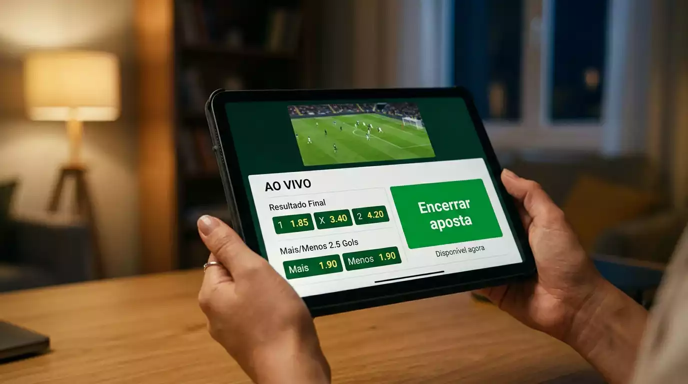 Interface de apostas ao vivo com botão de cash out destacado durante um jogo de futebol