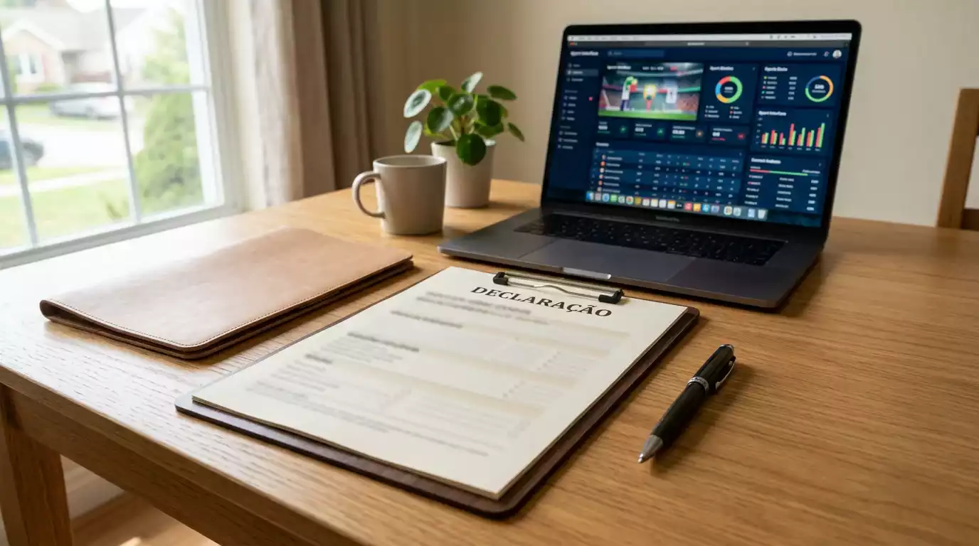 Calculadora e documentos fiscais portugueses junto a um ecrã com apostas desportivas