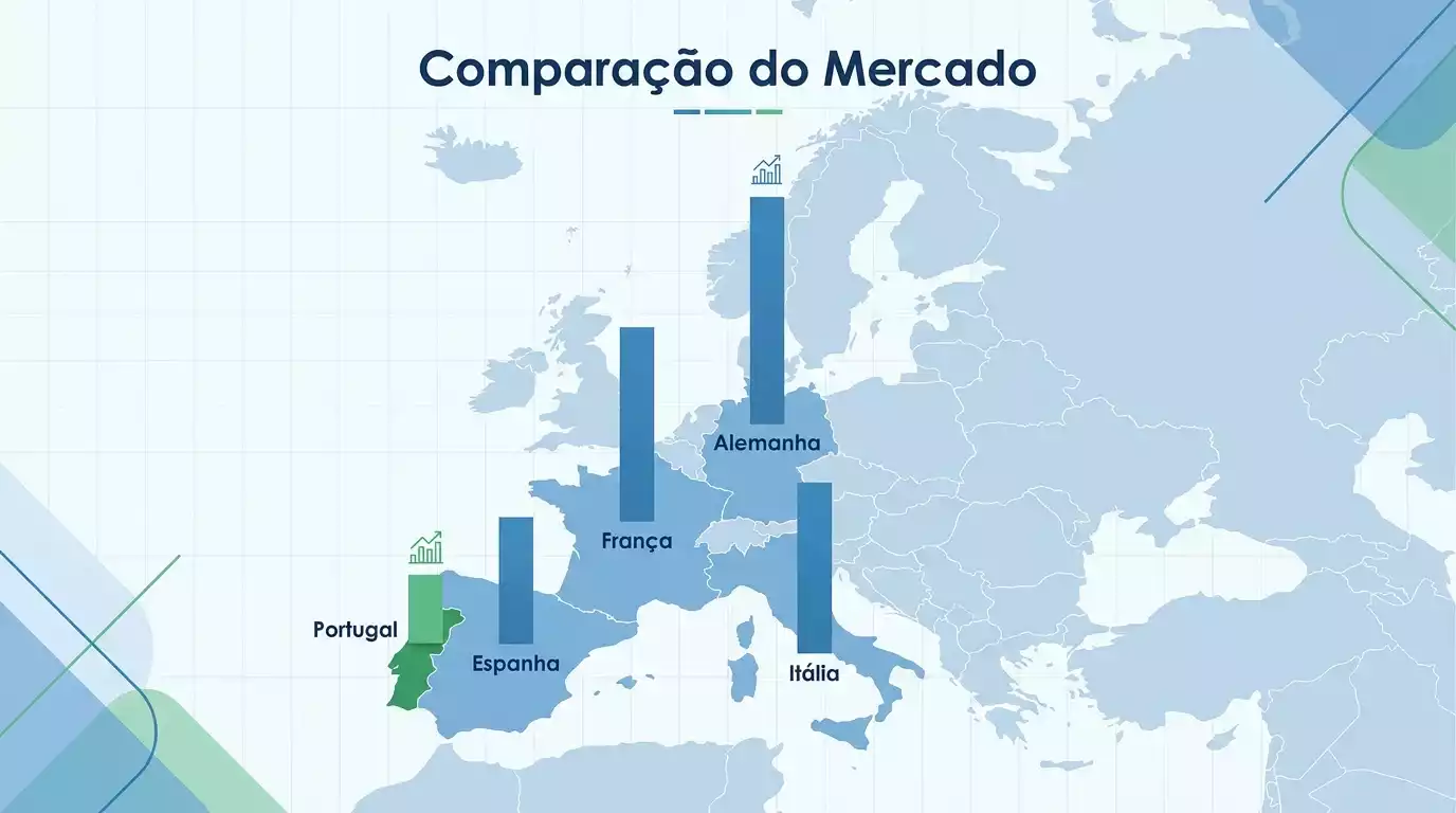Mapa da Europa com gráficos de volume de apostas destacando Portugal
