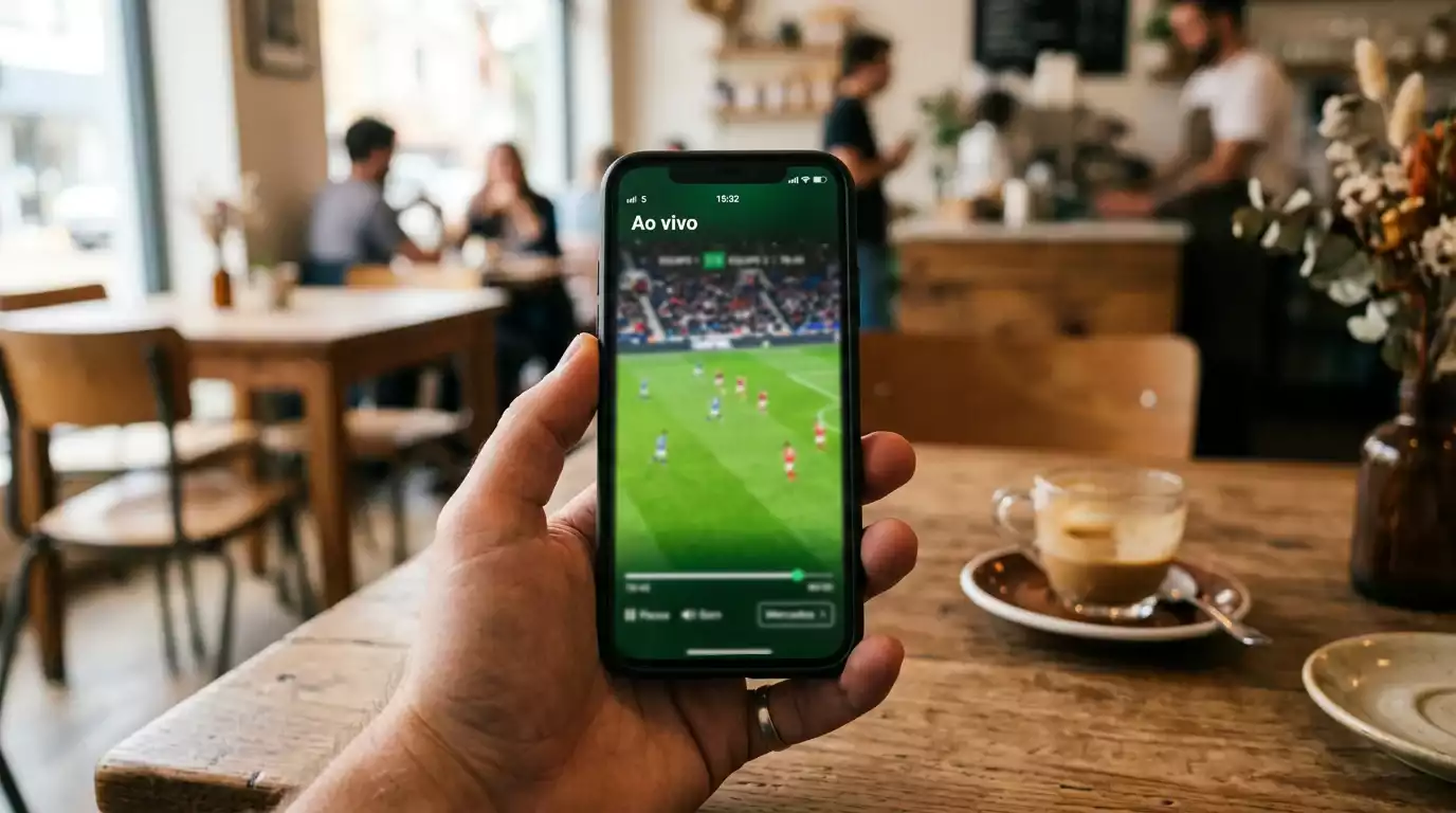 Ecrã de telemóvel a mostrar streaming de jogo de futebol numa aplicação de apostas