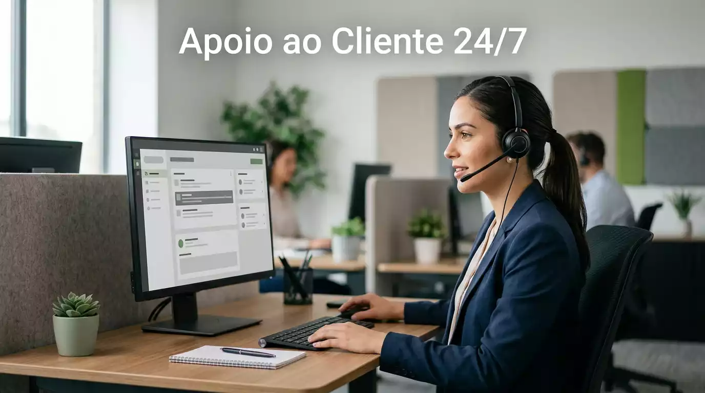 Agente de suporte ao cliente com auscultadores a responder a questões sobre apostas