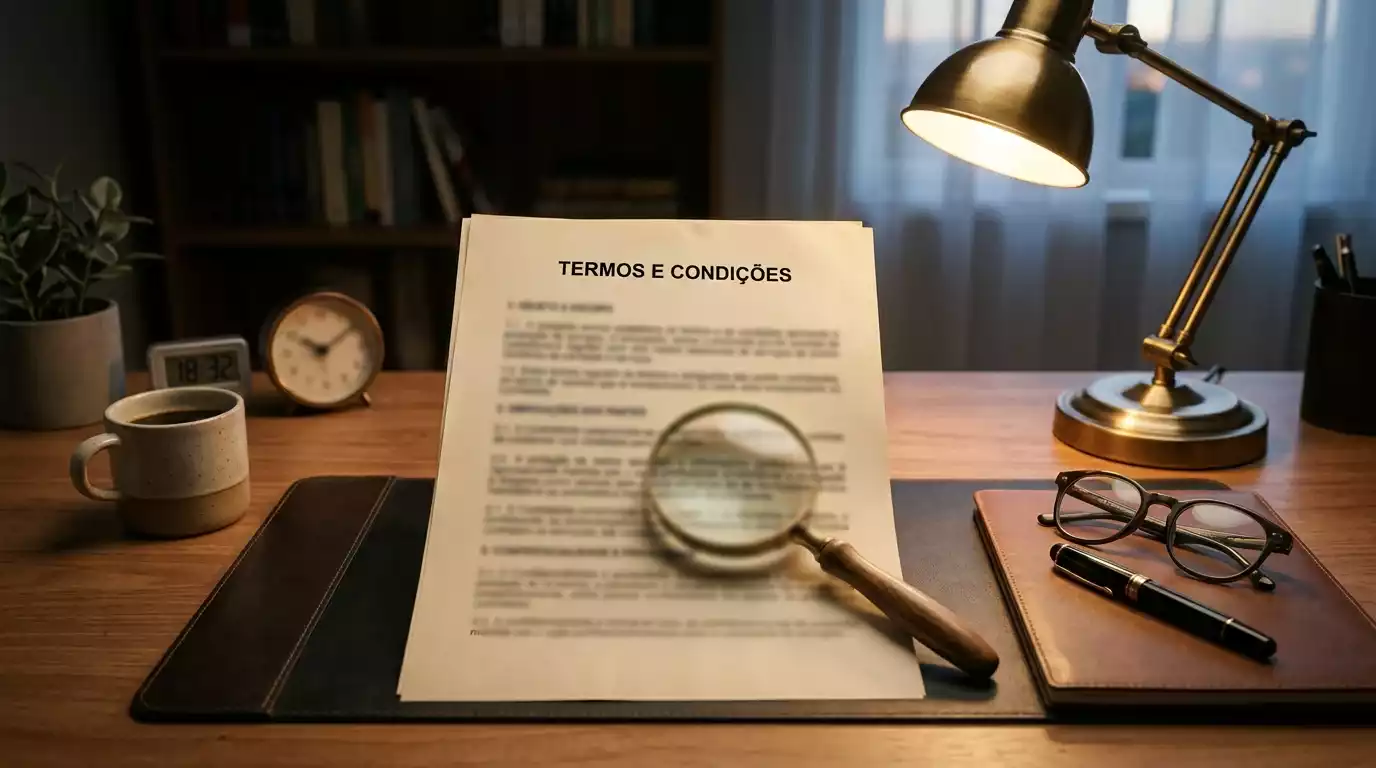 Documento de termos e condições com lupa destacando cláusulas
